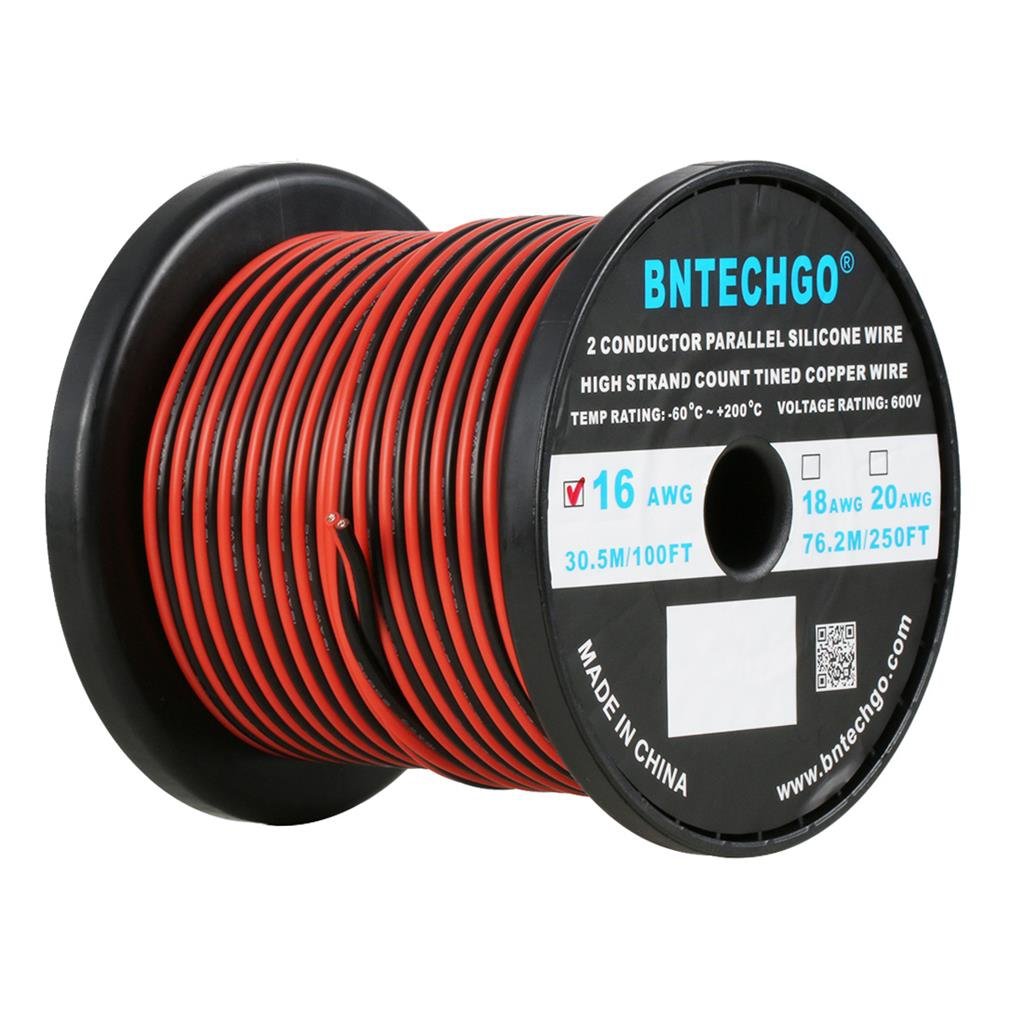 BNTECHGO 16 Gauge Flexible 2 Conductor Parallel Silicone Wire Spool Red Black High Resistant 200 deg C 600V for Single Color LED Strip Extension Cable Cord,model,100ft Stranded Tinned Copper Wire