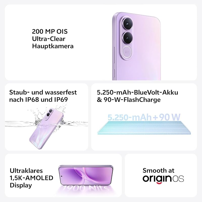 V70 FE Smartphone, gestochen scharfe OIS-Hauptkamera mit 200 MP, 8 GB RAM+256 GB ROM, 5.250-mAh-BlueVolt-Akku, 90-W-Schnellladefunktion, gestochen scharfes AMOLED-Display in 1.5K