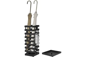 Tudomro Umbrella Stands for Entryway Large Metal Umbrella Holder 6.3 x 5.5 x 16.5 Inches with Removable Water Tray and Hooks Decor Freestanding Rectangular Hollow Rack for Home Office(Black)