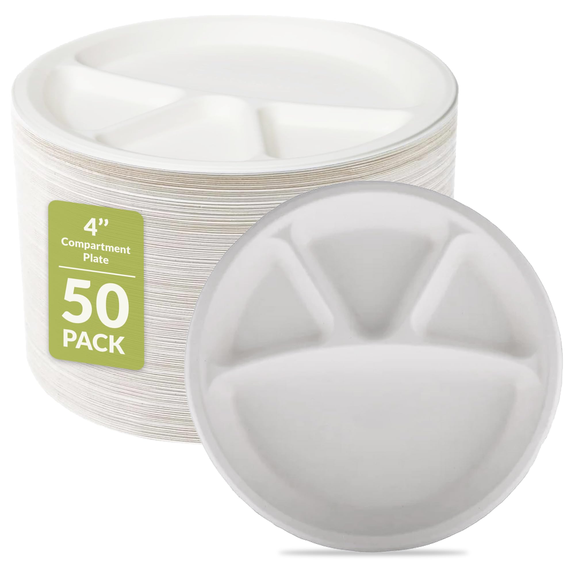 Strong Paper Plates, Disposable Plates, Compostable & Biodegradeable Plates - Super Rigid - Extra Strength - Premium Eco-Friendly Sugarcane (Round Plates, 11 inch - 4 Compartment - 50pcs)