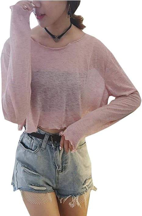 Amazon Bscool Tシャツ レディース 長袖 薄手 透け感 トップス ゆったり ショート 韓国 ファッション シースルートップス セクシー 夏 カットソー ピンク Tシャツ カットソー 通販