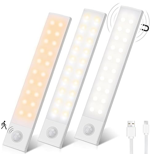 YELUFT Motion Sensor Rechargeable Cupboard Light - 20 LED Wardrobe Light 3 Color Temperature Cabinet Light Stepless Dimming Wireless Closet Light with Magnetic Sticker for Stairs Kitchen Hallway
