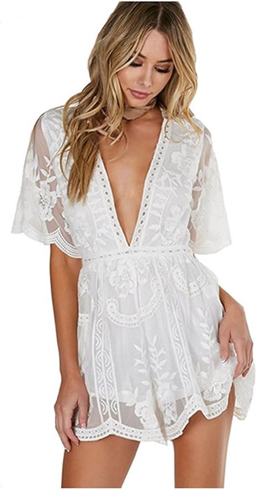 Eleter Women's Deep V-Neck Lace Romper Short Sleeve Long Dress at  Women’s Clothing store
