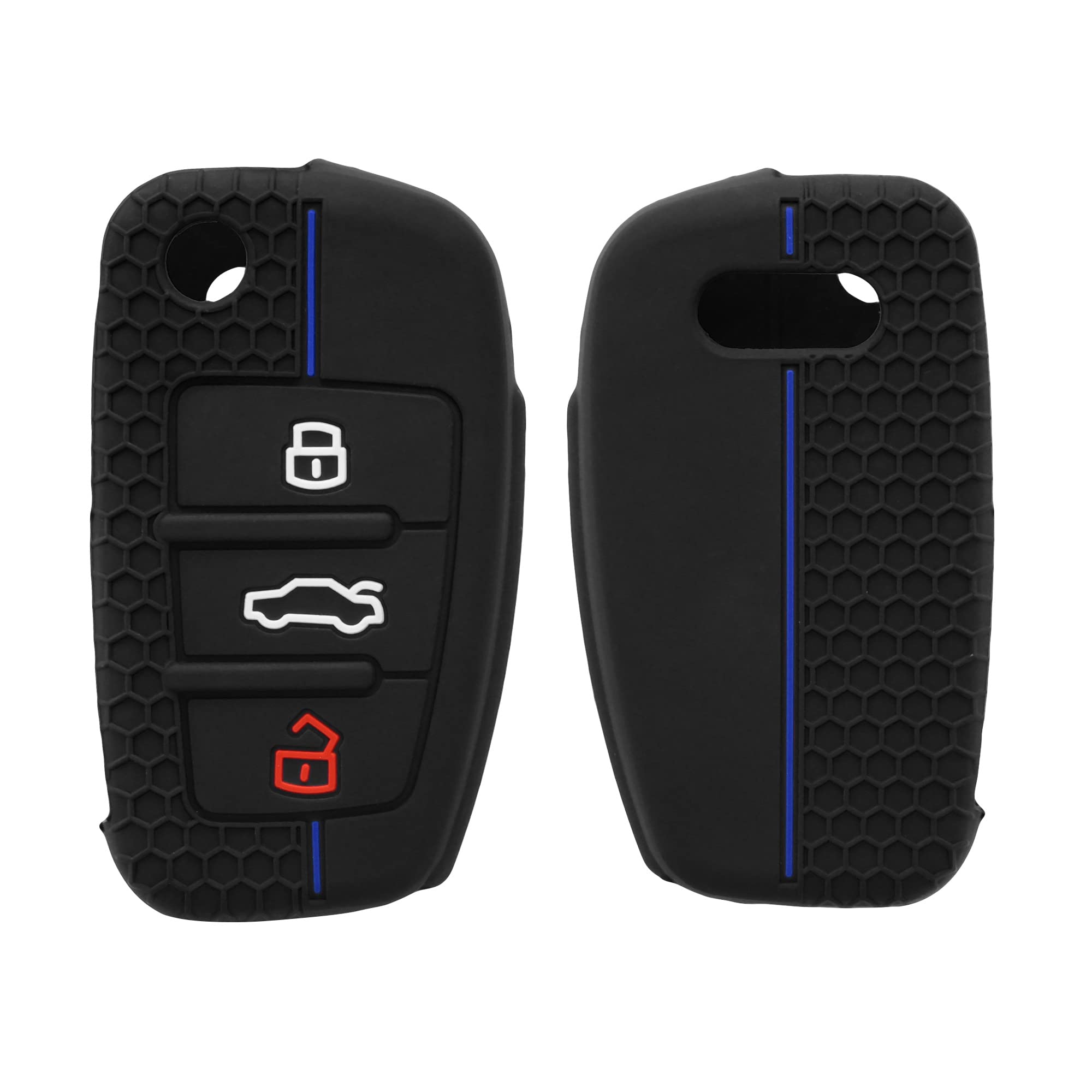 kwmobile Car Key Cover Compatible with Audi 3 Button Flip Key Key Cover - Silicone Protective Car Key Fob Case - Black/Blue