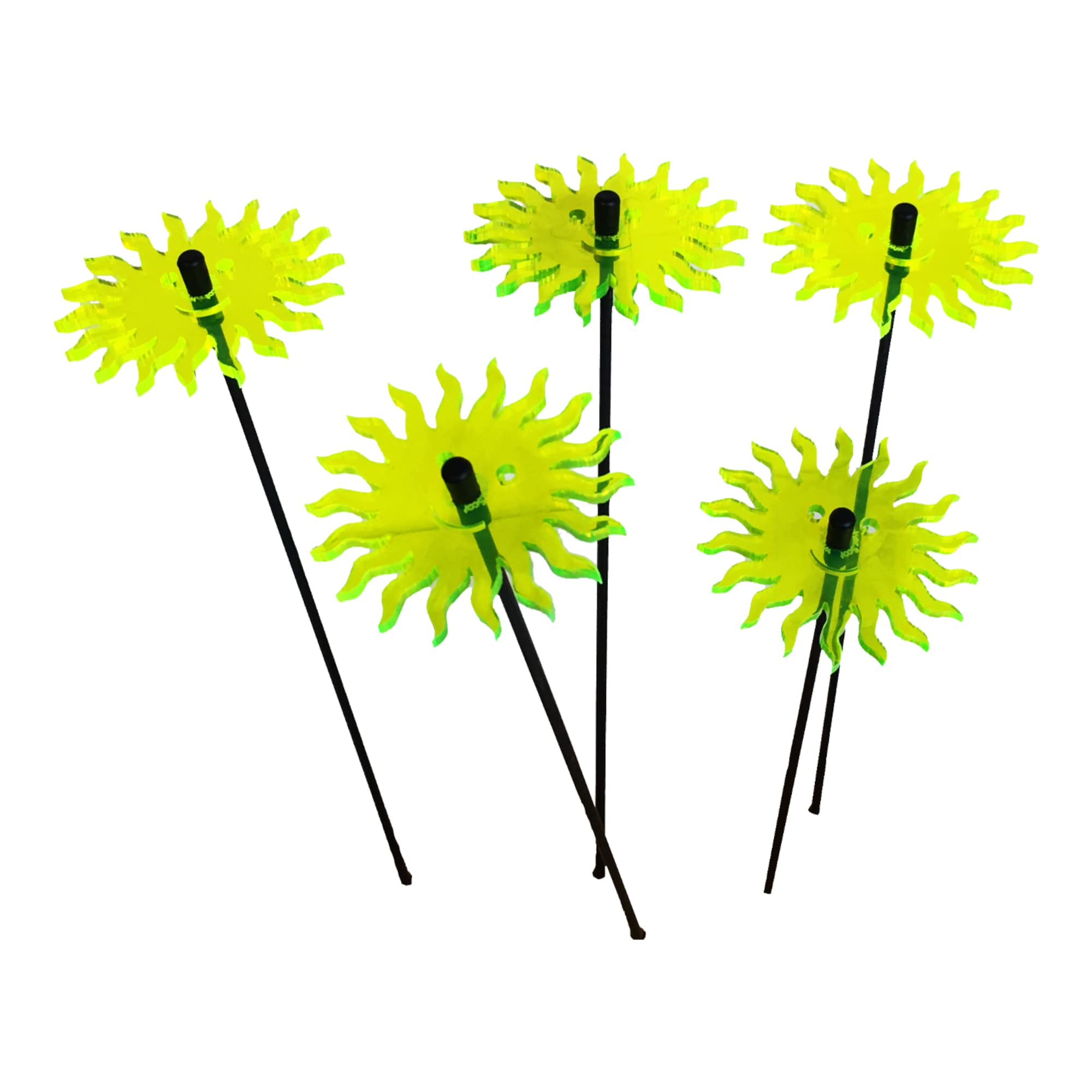SunCatcher Garden Decor Ornaments Smiling Suns, Set of 5 Decorative Garden Stakes, 25cm/10'' high Outdoor Accessory, Great Gardeners Gift, Colour:fluorescent Green