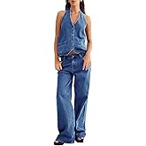 Fisoew Women's Two Piece Denim Set Button Down Backless Tank Top and Wide Leg Jeans 2 Piece Outfit Suits