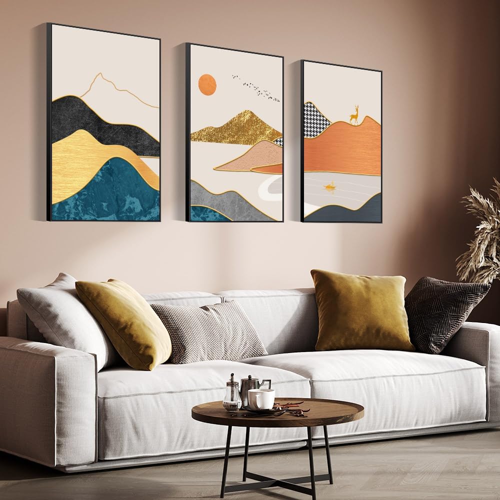 Paintings - MPLONG Abstract Modern Minimalist Natural Framed Decorative Painting - Large Size Wall Art Set of 3 Wall Decor for Living Room, Bedroom, Dining Room, Office, etc. (Orange, 24 