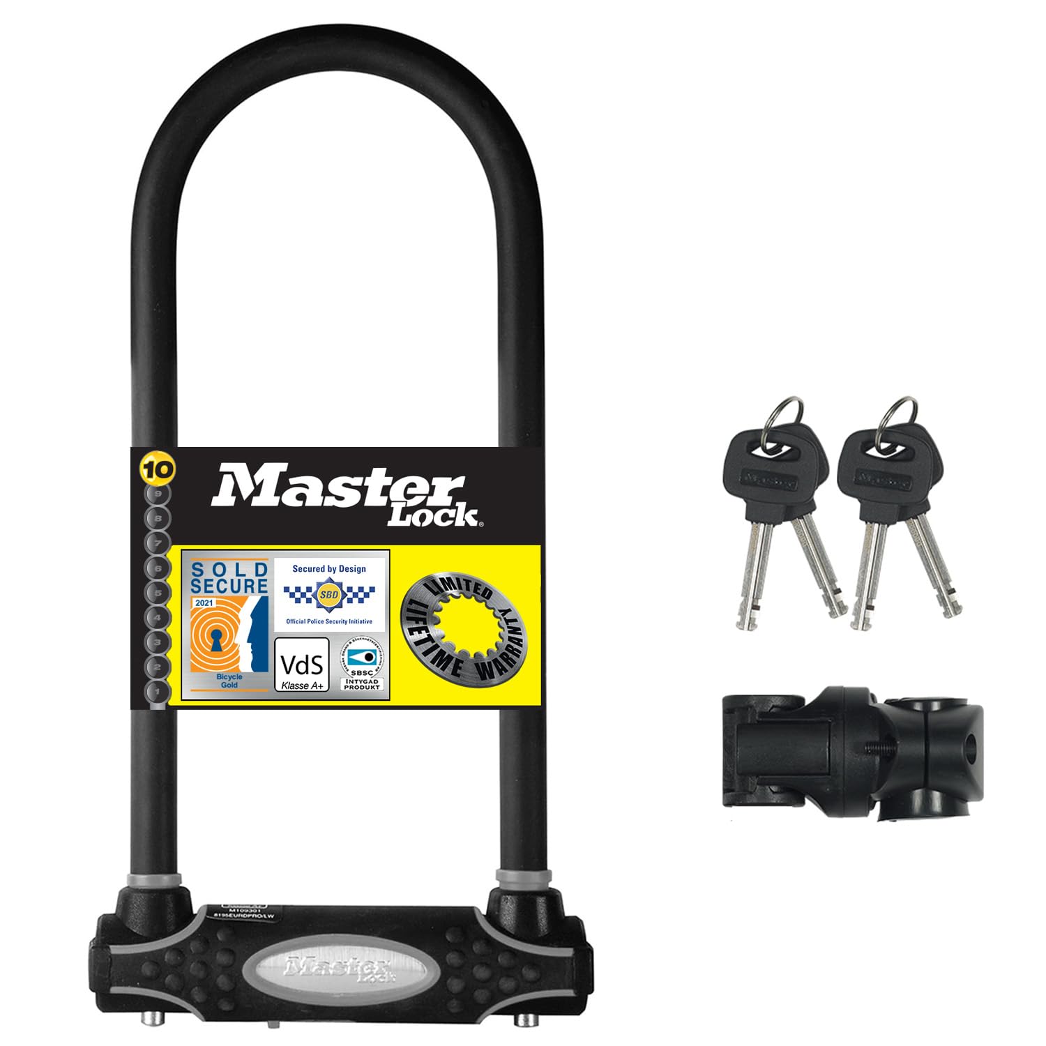 Master Lock Heavy Duty Bike D Lock, Key, Universal Mounting Bracket, Certified Bike Lock, Long Shackle 8195EURDPROLW - Use with Electric, Mountain, Road, Folding Bikes