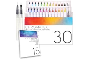 CHROMATEK 30 Watercolor Brush Pens | 15 Page Tutorial Pad & Online Video Series | Brush Tips | Vivid, Blendable Professional Artist Quality | 27 Colors | 3 Aquapens | Complete Water Color Painting Set
