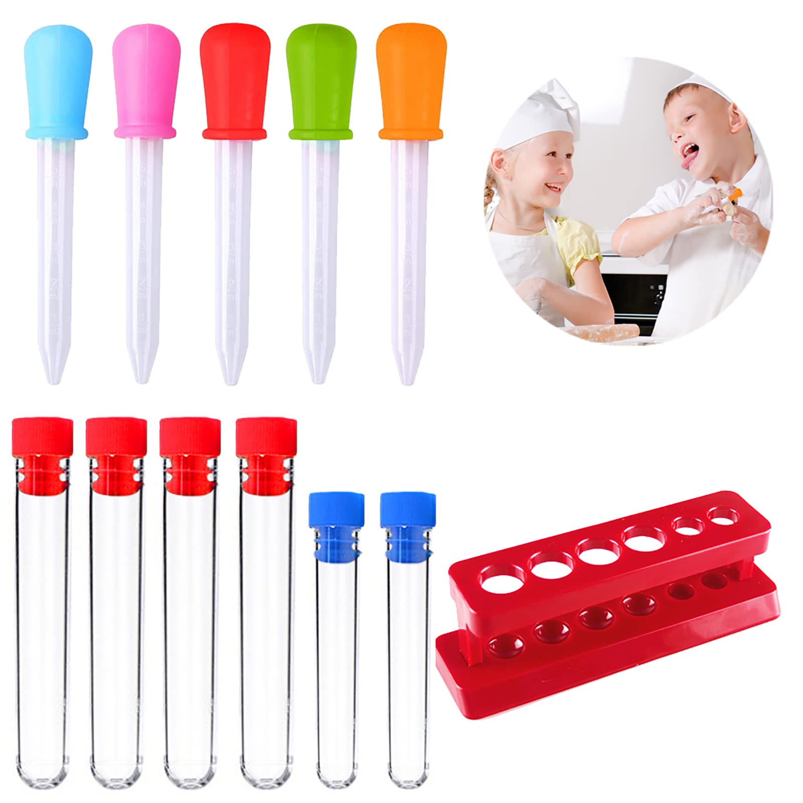 Dropper Pipettes Silicone 5 ML for Kids Water Play and Candy Gummy Making, Plastic Test Tube Shots with Stand for Kids Creative Science Experiments(Pack of 12 pcs)