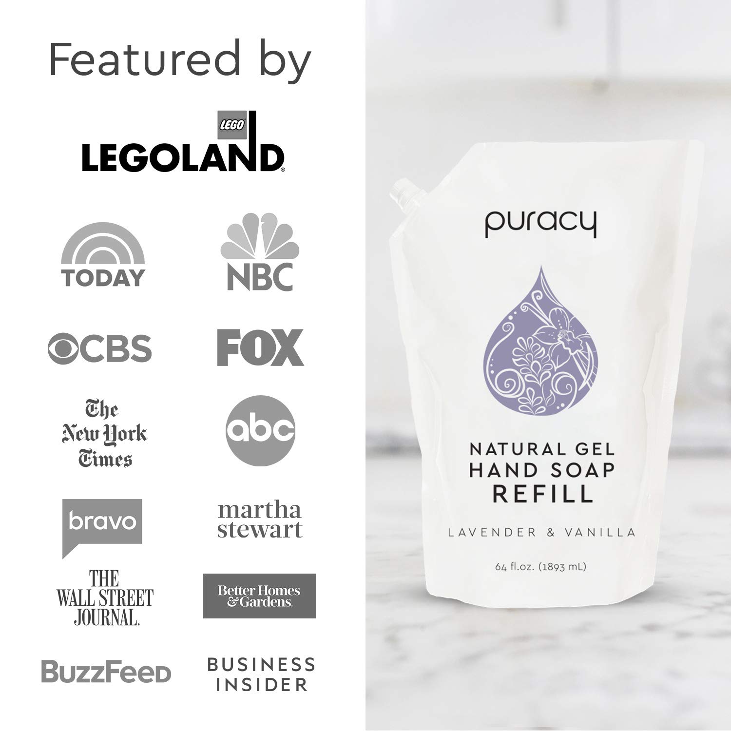 Puracy Natural Gel Hand Soap Refill, Lavender & Vanilla, Moisturizing Liquid Hand Wash, 64 Ounce : Beauty