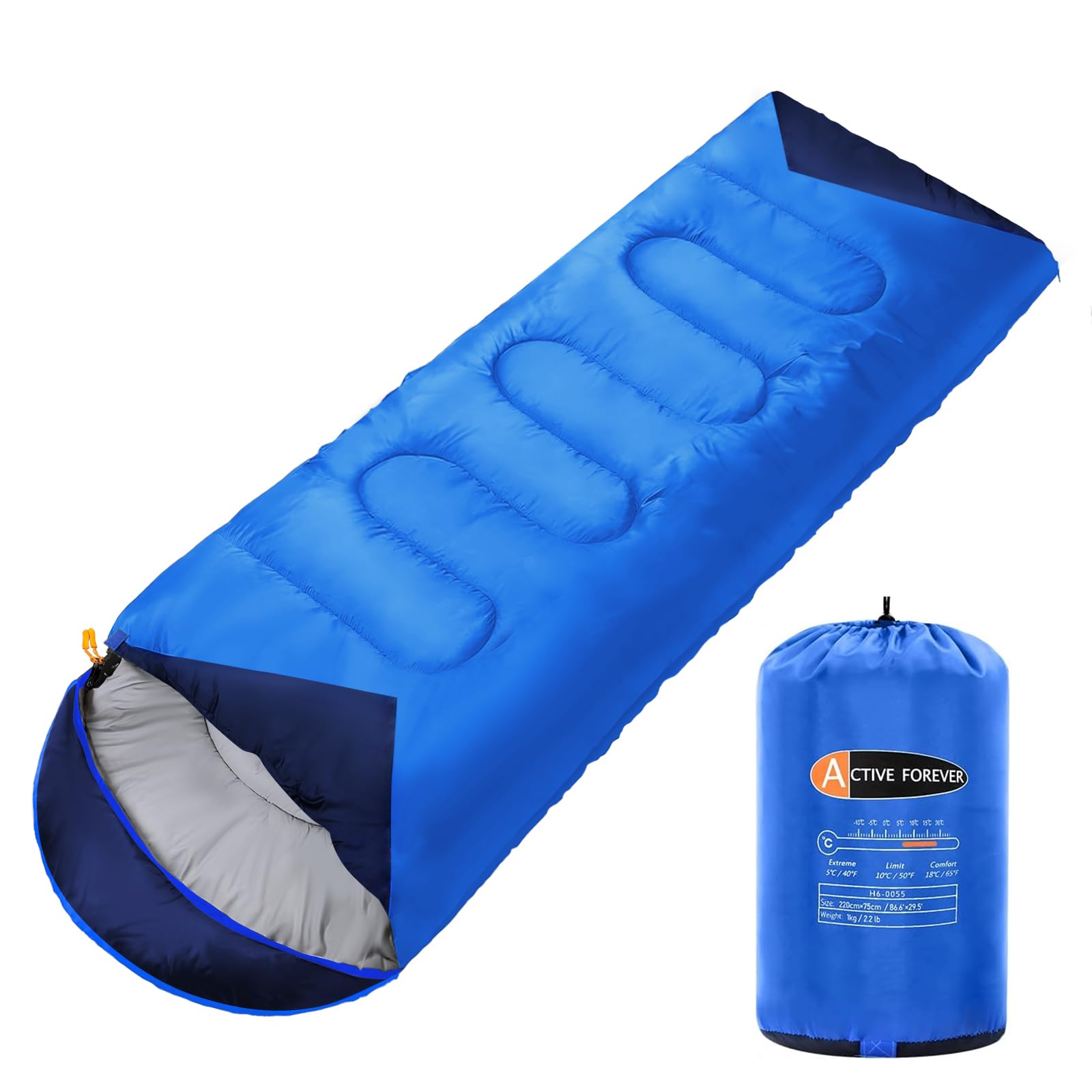 ACTIVE FOREVER Rectangular Sleeping Bag 3 Seasons - Lightweight Camping Sleeping Bags for Kids and Adults Indoor & Outdoor, Sleeping bag with Compression Sack for Hiking Backpacking, Blue