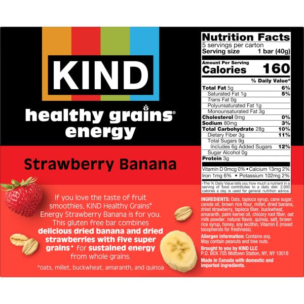KIND HEALTHY GRAINS ENERGY BARS, STRAWBERRY BANANA, GLUTEN FREE, HEALTHY SNACKS, 19G WHOLE GRAINS, 5 COUNT