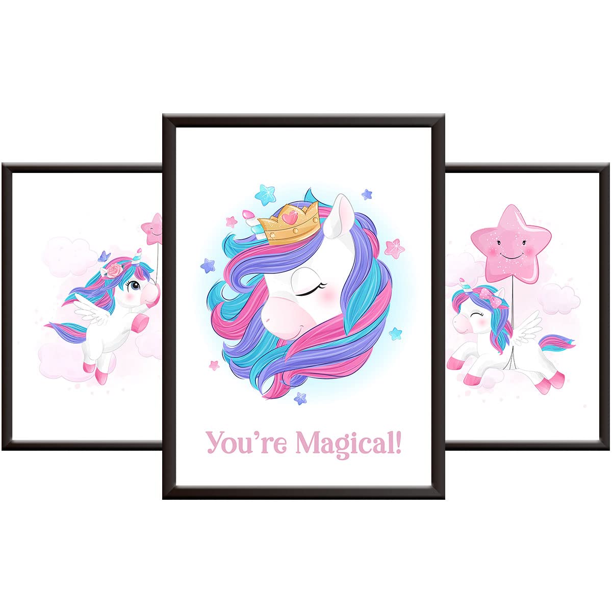 Hey Chimp A4 Unicorn Bedroom Accessories for Playroom - Purple & Pink Unicorn Pictures for Bedroom/Nursery - Set of 3 Wall Art Prints with Rainbow & Positive Quote. Unframed Posters