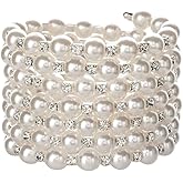 Xerling Multi 7-Row Pearl Bracelets Dainty Rhinestones Bracelets for Bridal Wedding Stretchable Elastic Wrist Bracelets for 1920s Costume (7 Row-Silver)