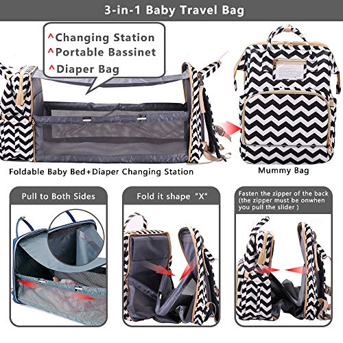 3 in 1 Diaper Bag Backpack with Changing Station, Foldable Baby Travel