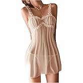 SHENHE Women's Lingerie Mesh Slip Dress Sheer Babydoll Nightgown Chemise Nightdress with Thong