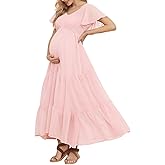 Swiss Dot Smocked Maternity Dress for Baby Shower Photoshoot Casual V Neck Ruffle Sleeve Empire Waist Tiered Boho Dress