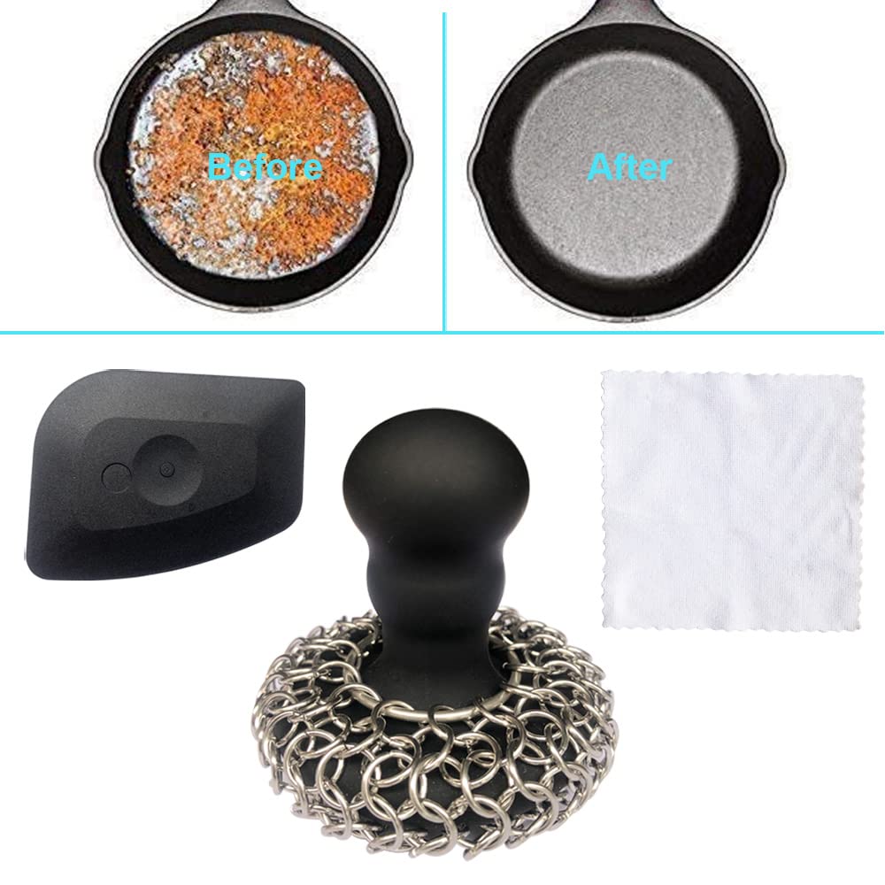 316 Upgraded Chainmail Scrubber with Silicone Handle Cast Iron Cleaner for Cast Iron Grill Pan Skillet Wok Bakeware Ergonomic to Hold Easy to Use Dishwasher Safe, Scrubber + Scraper + Towel (Black)