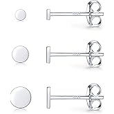 Sterling Silver Stud Earrings for Women Men, 3 Pairs Tiny Flat Dot Earrings Set | Small Round Disc Stud Earrings Dainty Cartilage Tragus Circle Triangle Earrings(Silver/Gold/Rose Gold)