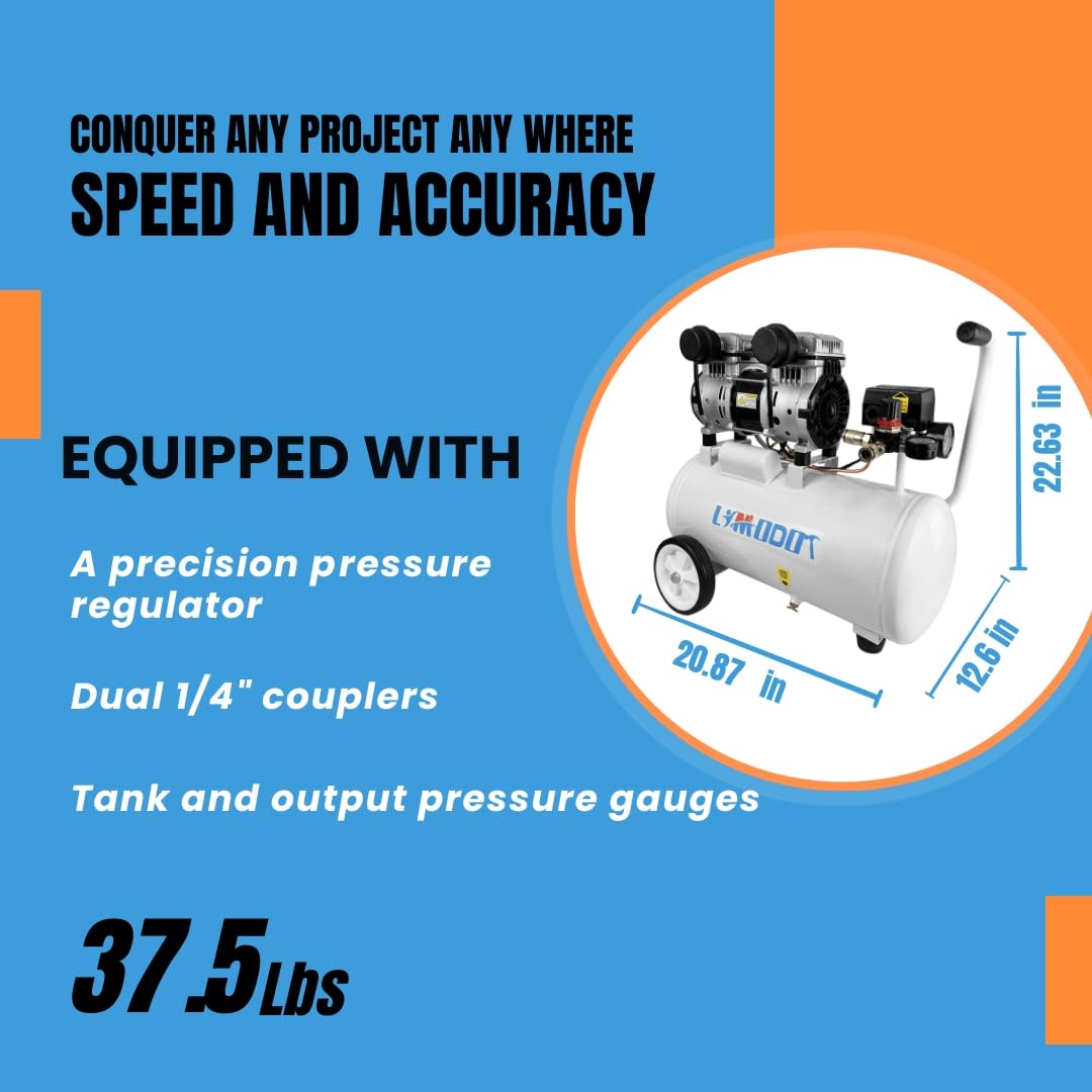 Portable 8 Gal Aluminum Tank Air Compressor, Rustproof, Lightweight at Only 37.5 Pounds, Efficiency Dual Air Intakes, Quiet Air Compressor, 68dB, Ideal for DIY, Home & Garage Applications