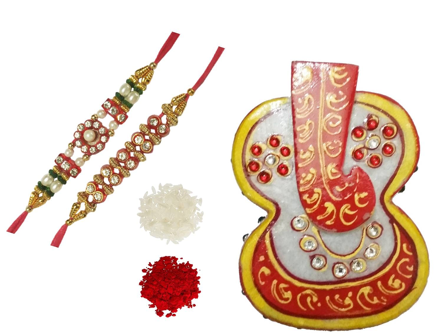 Purpledip Bhai Dooj Rakhi Gift Hamper for Brother: Dhoti Ganesha Marble Chopra, 2 Bhai Rakshabandhan Bracelets, Roli Chawal Tika (rakhi4e)