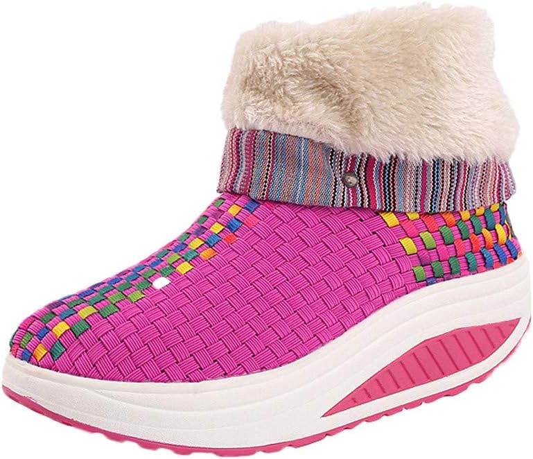 Lazzboy Women Boot Booties Snow Wedges Ethnic Boho Faux Fur Warm Lined Weaving Shoes