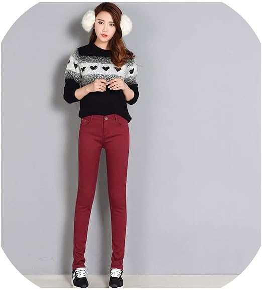 Amazon 冬のジーンズ女性のハイウエストデニムスキニー暖かい厚手のジーンズ女性プラスサイズのパンツストレッチ ワインレッド 32の場合 ジーンズ 通販