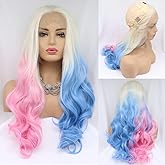 SERENEWIG 24" Cosplay Drag Queen Wigs Hairstyle 60 White Blonde Ombre Half Baby Pink/Half Sapphire Blue Synthetic Lace Front Wigs for Women Party Use Blonde Ombre Pastel Pink Blue Wig