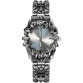 PINTIME Gothic Flame Style Mens Watch - Black Stainless Steel Engraved Bracelet Watch, Waterproof Quartz Analog Wristwatch with Date Display