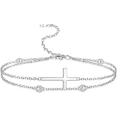 Sterling Silver Cross Birthstone Bracelet: Women Cross Month Stone Double Layer Chain Bracelet Birthday Gift