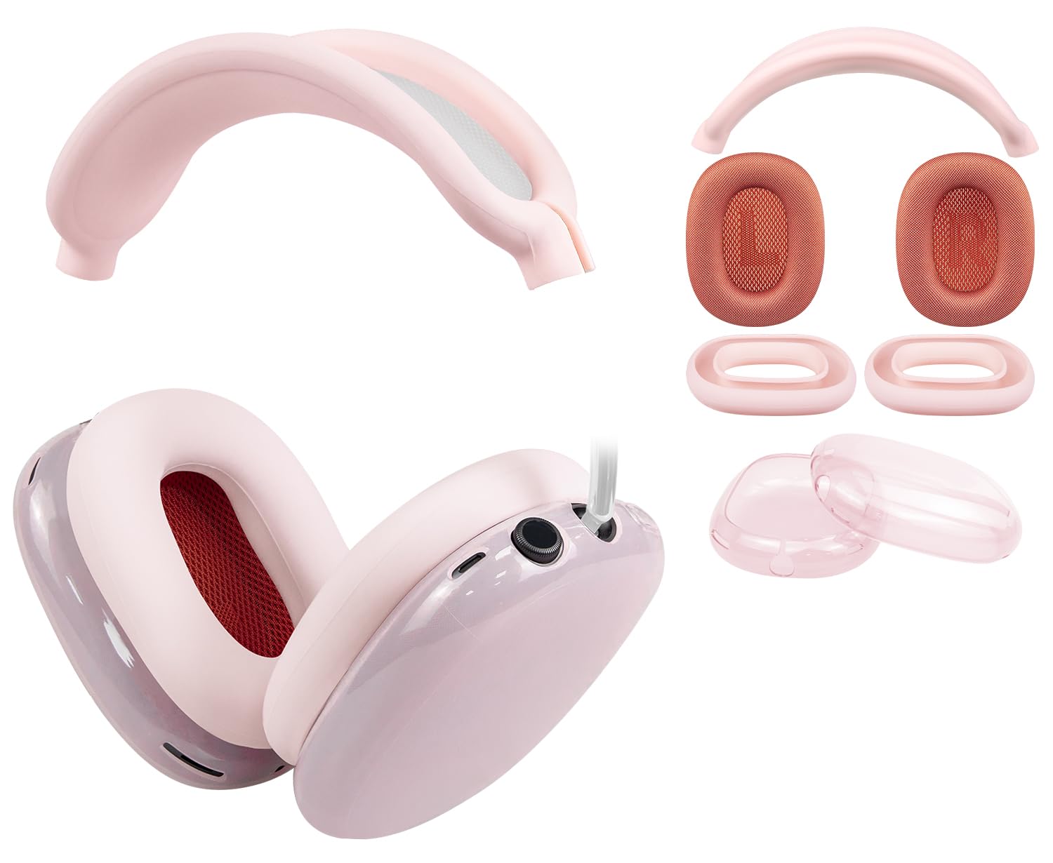SOULWIT Replacement Kit for AirPods Max, Mesh Fabric Earpads + Headband Cover + TPU Case Protector + Silicone Ear Pads Cover, Sweatproof, Anti-Scratch Accessory, Cushions with Softer Foam - Pink