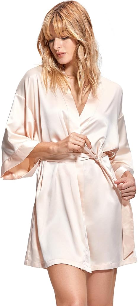 DOBREVA Damen Kimono Satin Kurz Morgenmantel Bademantel V Ausschnitt