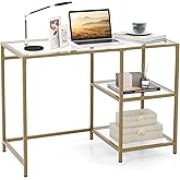 Tangkula Tempered Glass Computer Desk with 2-Tier Storage Shelves, Modern Computer Workstation, Vanity Makeup Table, Sturdy M
