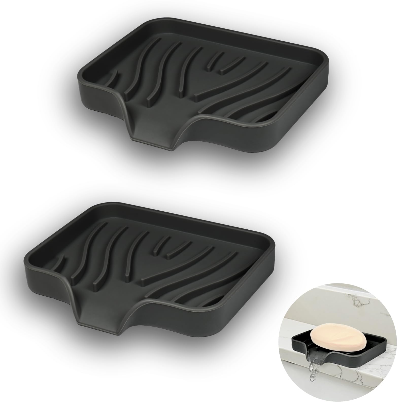 YoHyien 2 Pcs Silicone Soap Dish with Drainage, Anti-Slip Soap Holder, Self Draining Soap Tray for Shower, Bathroom & Kitchen, Keep Soap Dry & Easy Cleaning (Black)
