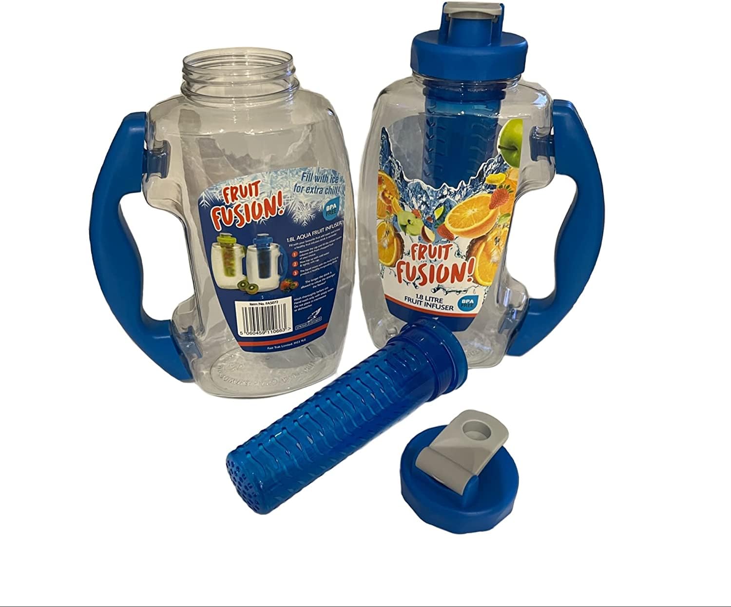 Haadi Traders Fruit Infuser Water Bottle 1.8L - For Detox, Diet, Hydration, Health, Cocktails, Picnics, BBQ, Sports - BPA Free Plastic - Colours Vary (Blue)