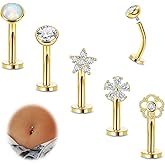 REVOLIA 5Pcs 14G Surgical Steel Floating Belly Button Rings for Women Flat Back Petite Belly Ring Opal Flower CZ Small Navel Rings Internally Threaded Belly Piercing Jewelry 8/10/12/14mm