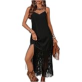 BEAUDRM Women's Boho Fringe Cami Dress Tassel V Neck Sleeveless Western Cowgirl Maxi Dresses Party Club Outfits