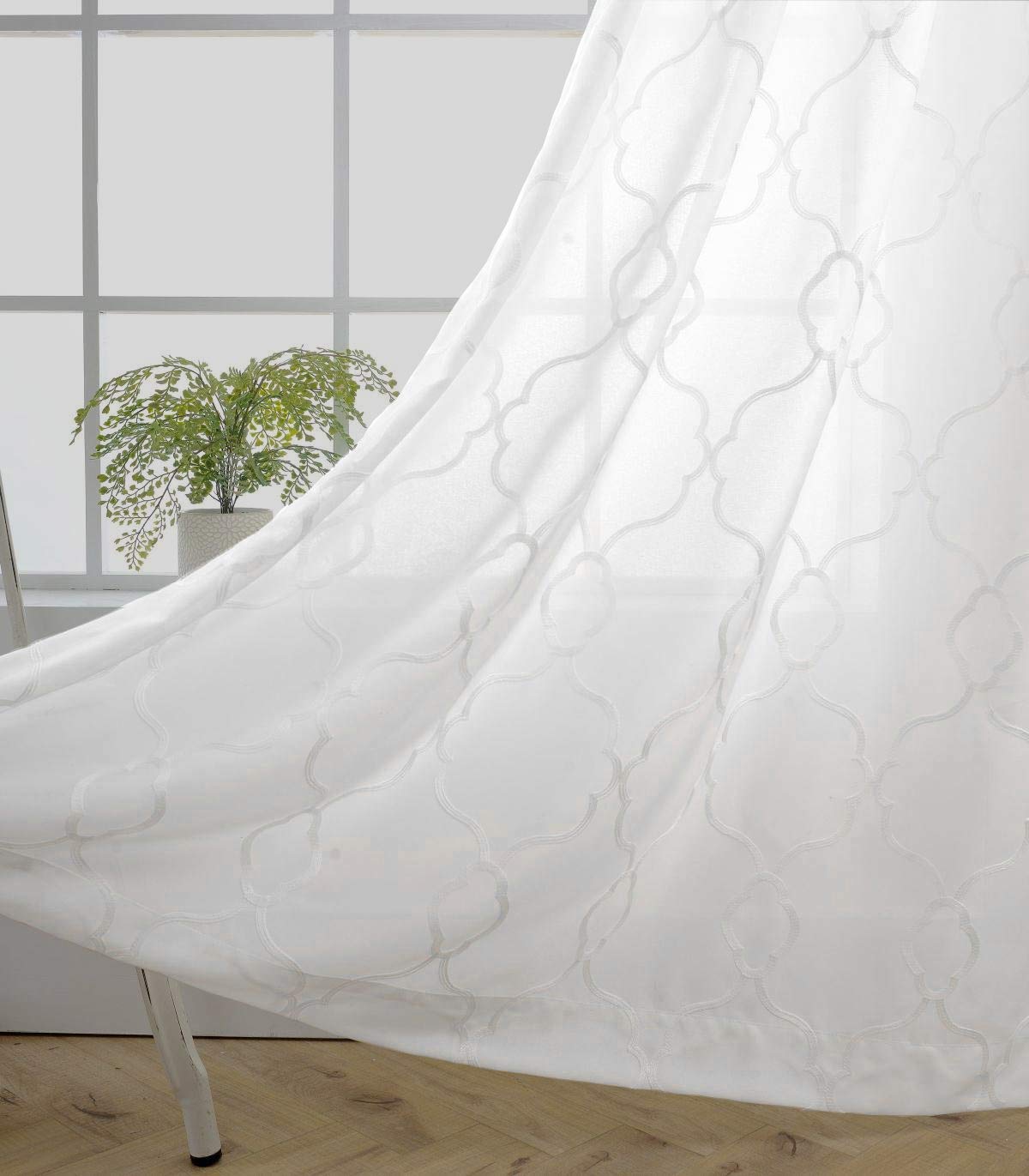 MIUCO Moroccan Embroidered Semi Sheer Curtains Faux Linen Grommet Window Curtains for Bedroom Living Room 95 Inches Long 2 Panels, Pure White