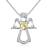 RUKYF 925 Sterling Silver Cubic Zirconia Guardian Angel Pendant Necklace for Women Rose Gold Heart Jewelry Unique Gifts for Women