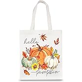 Whaline Fall Canvas Tote Bag Green Orange White Pumpkin Leaves Reusable Tote Bag Hello Pumpkin Goodie Bags for Shopping Market Autumn Thanksgiving Wrapping Storage Supplies Gift for Women
