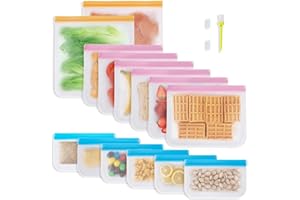 COOKFUN Reusable Freezer Bags - 14 Pack with 2 Gallon & 6 Large Sandwich & 6 Snack Bags, Silicone & Plastic Free