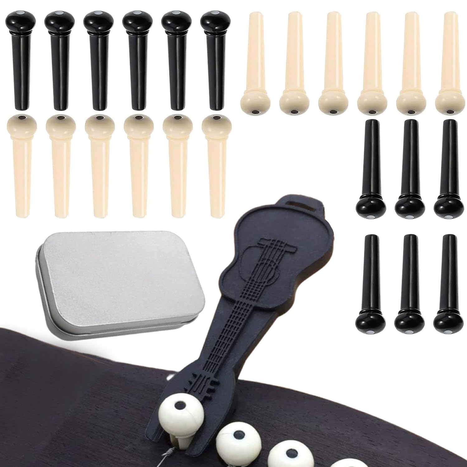 Norhogo 24 Pieces Acoustic Guitar String Cone, Black and White String Nails, String Presser, Guitar Pegs String Posts with 1pc Bridge Pin Puller Remover, for Acoustic Guitar Ivory and Black