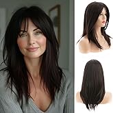 Beweig Long Straight Dark Brown Wig Layered Synthetic Hair Wigs with Bangs for Women Daily Party Use