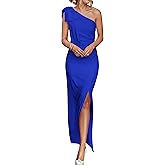 PRETTYGARDEN Women's Summer One Shoulder Long Formal Dresses Sleeveless Ruched Bodycon Wedding Guest Slit Maxi Dress