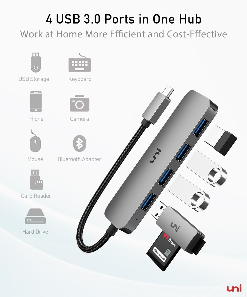 uni USB C Hub mit 4-Port USB 3.0 ultradünner Daten-Hub aus Aluminium, für MacBook Pro/Air, iPad Pro/Air, Dell XPS, Surface Book, iPhone 15 Serie usw. 9