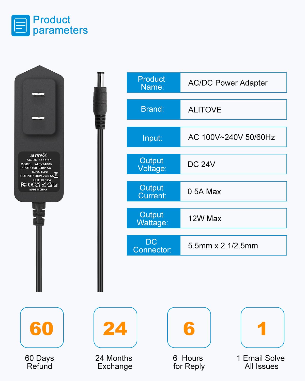 ALITOVE 24V 500mA Power Supply 0.5A AC/DC Adapter AC 100-240V to DC 24 Volt Converter Power Cord with 5.5 x 2.5mm Barrel for 12W Devices LED Lights Razor Essential Oil Diffuser Humidifier