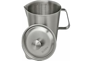 Stainless Steel Measuring Jug with Lid, 2L Large Metal Jug with Handle and Dual Scale Wide Mouth Graduated Cup for Milk Froth