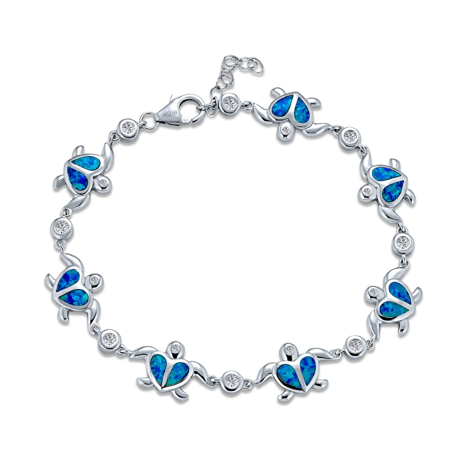 Bling Jewelry Nautical Aquatic Tropical Beach Vacation Iridescent Blue Created Opal Inlay Sea Tortoise CZ Accent Heart Multi Charm Turtles Bracelet For Women Teen .925 Sterling Silver — image 1