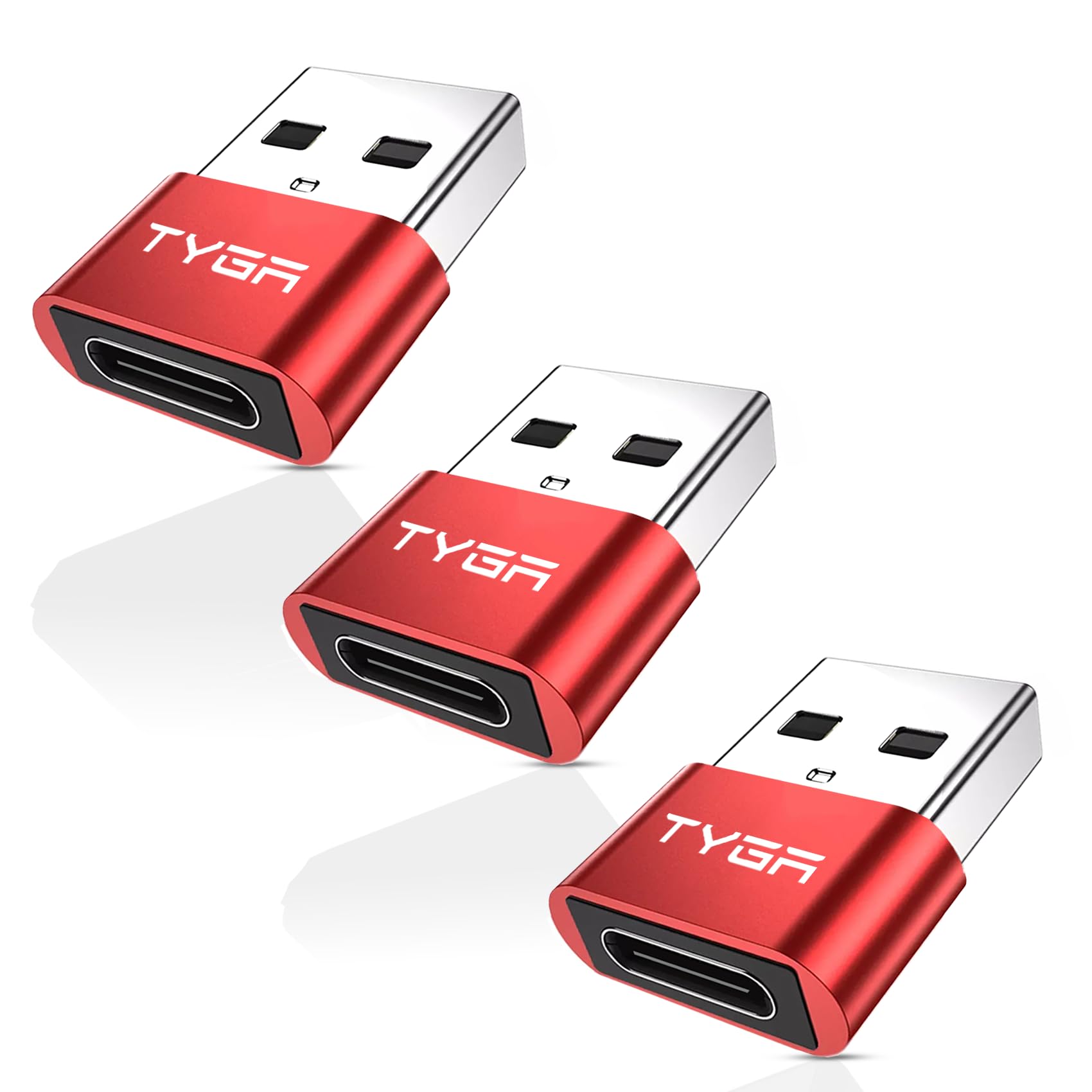 TYGA USB C to USB A Adaptor 2.0 - USB C Female to USB A Male Connector for Charging & Data Transfer, Plug-and-Play, Durable Aluminum Housing, Portable Converter for Android & IOS Devices - 3 Red
